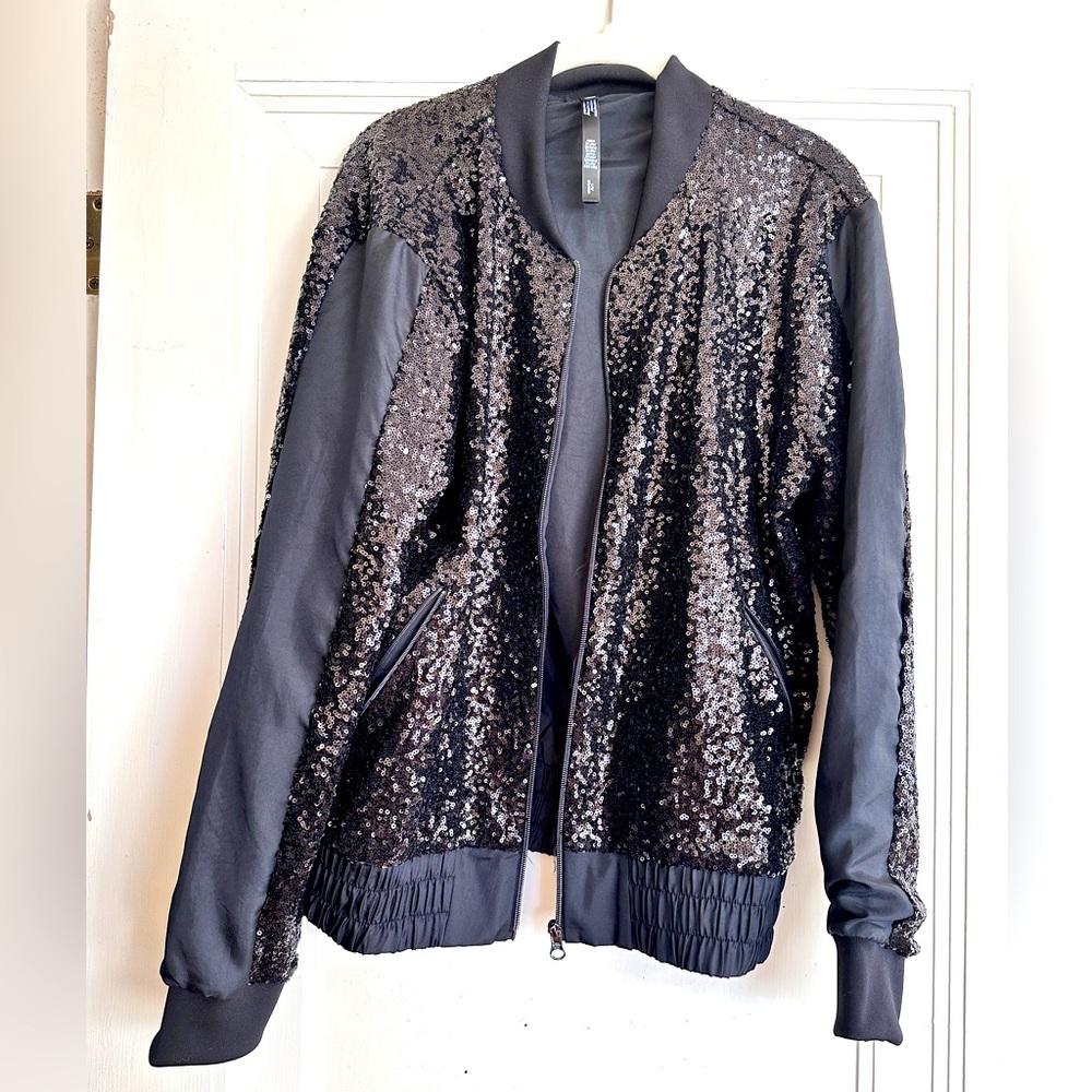 Black sequin & satin sporty zip jacket LG